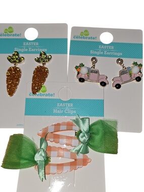 Easter Carrot Glitter & Pink Truck Earrings with Green Bow Hair Clips